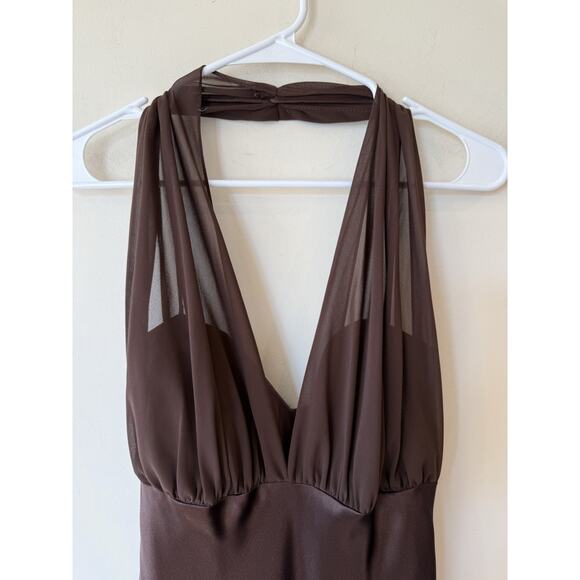 VNTG Betsey And Adam Sheer Halter Chocolate Brown Gown Size 16 - Picture 2 of 13